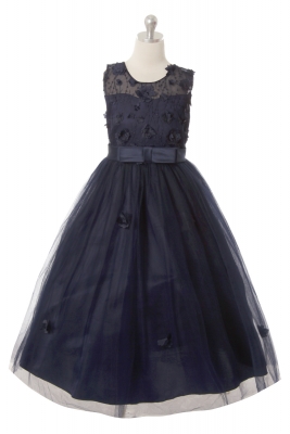 Girls Dress Style 1051 - Navy Blue Elegant Sleeveless Dress with Flower Details